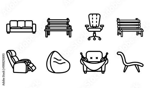 Bold comfort seating icon set with sofa chair bench and lounge furniture for interior and home design