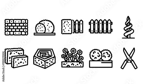 Bold hedge icon set with garden shrubs topiary fence and landscaping hedge elements for outdoor design