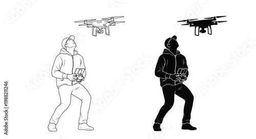 Man operating a drone with a remote control in a vector graphic illustration design