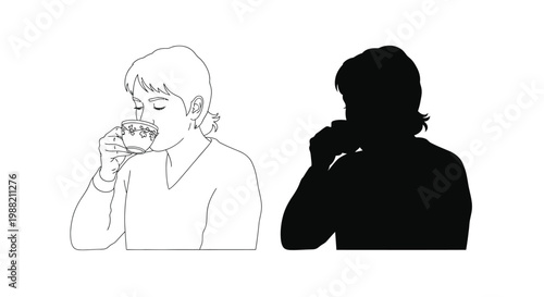 Vector illustration of a man drinking coffee and its silhouette