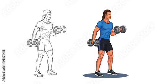 Man lifting dumbbells in a vector graphic illustration for fitness and exercise