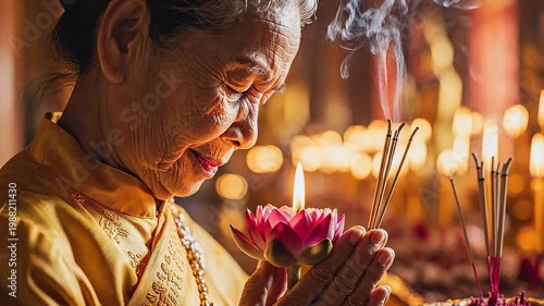 Harmony in Prayer: An elderly woman engages in a moment of tranquil reflection, holding a lotus flower and incense sticks as a sign of dedication and mindfulness.