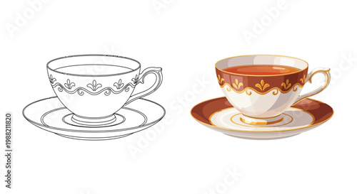 Vector illustration of a tea cup and saucer in two different design styles side by side