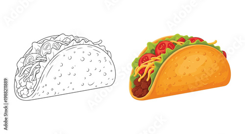 Vector graphic illustration of two tacos with different styles and fillings shown side by side