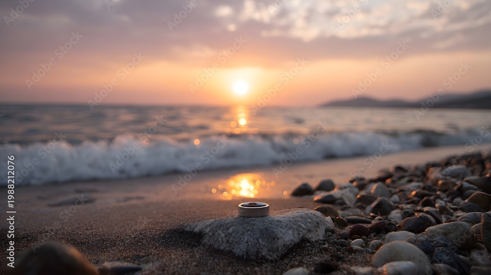 Obraz premium A wedding ring rests on a smooth coastal pebble at sunset symbolizing eternal love and the peaceful journey along the beach