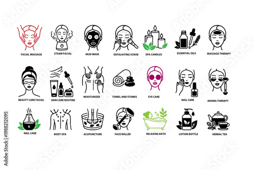 Beauty Care, Facial and Spa Service Icon Sheet