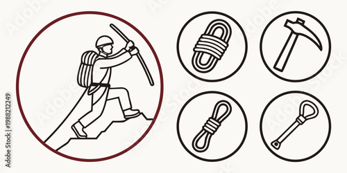 Line of climbing and mountaineering on beige background line climbing rope pickaxe