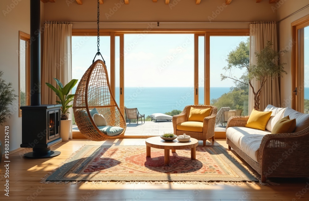 Naklejka premium Comfortable coastal living room features wicker furniture including armchair sofa hanging chair. Large glass doors open to ocean view. Wood stove adds warmth to bright home interior.