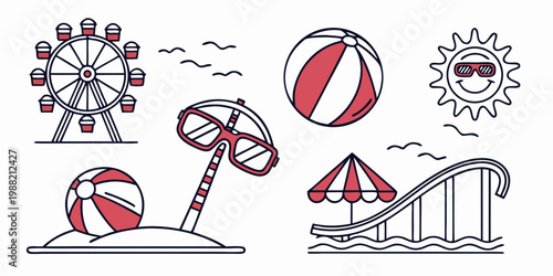 Line of beach and amusement park line beach ferris wheel beach ball sunglasses