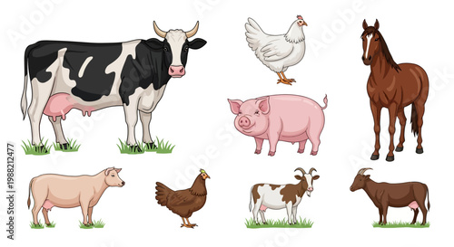 Farm animals standing on green grass.