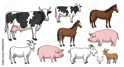 Farm animals standing side by side.