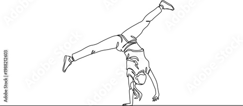 continuous line drawing of athletic young woman turning cartwheel oder doing handstand, line art vector illustration