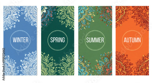 Four seasons horizontal banner set, floral seasonal backgrounds with winter snowflakes, spring cherry blossoms, summer sunflowers and autumn leaves isolated PNG with Transparent Background
