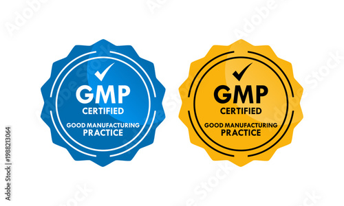 GMP certified logo vector design. Good Manufacturing Practice seal for quality assurance, safety standards, and industrial compliance. Professional stamp for product certification.