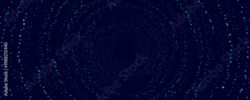 Abstract mesmerizing cyan particles tunnel on dark blue background. Random dynamic dots form concentric spirals and swirling rings. Vector illustration.