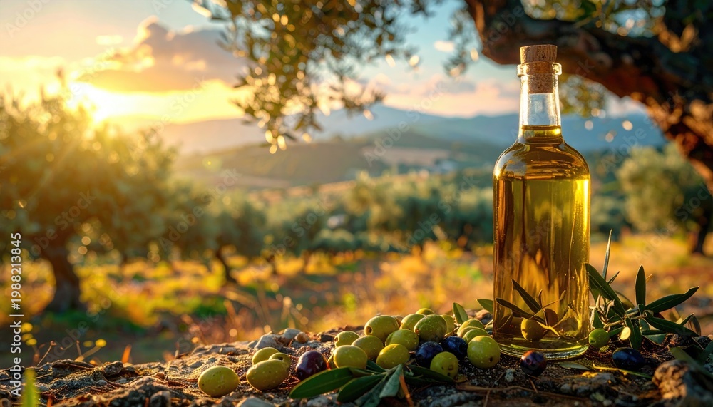 Fototapeta premium Olives and olive oil in a bottle. Olives and olive oil in a bottle on the background of the evening olive grove