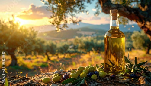  Olives and olive oil in a bottle. Olives and olive oil in a bottle on the background of the evening olive grove
