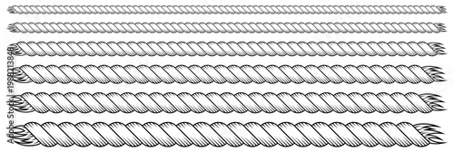 Rope string patterns, set of thin and thick borders made of brush. Cowboy or nautical, sailor knit cords. Western decorative textured cables. Black vector illustration isolated on white background