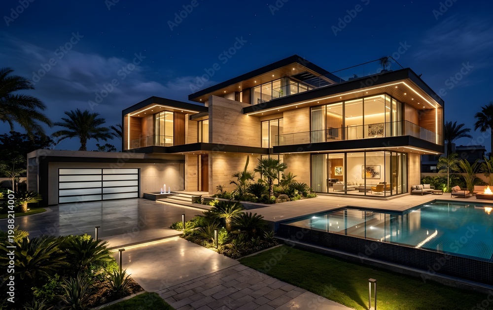 Fototapeta premium Modern Luxury Residence Exterior at Night with Illuminated Architecture