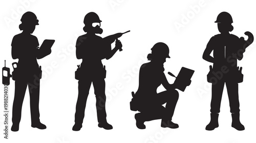 Construction worker silhouettes, female industrial contractor set with tools and hard hats, professional builder and repair woman vector icons