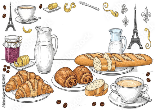 A delicious French breakfast with coffee, croissants, and fresh bread