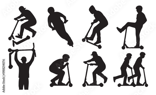 Kick scooter silhouette collection, black vector set of people riding scooters and performing stunts, urban extreme sports icons for graphic design