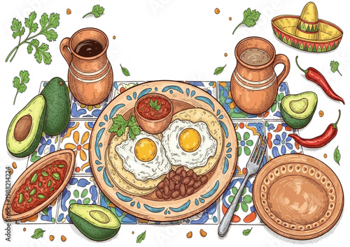 Traditional Mexican Breakfast with Fried Eggs, Beans, Salsa, and Avocado
