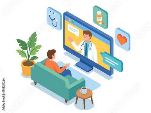 A man consults with a doctor online via a video call on his computer screen, representing telemedicine.