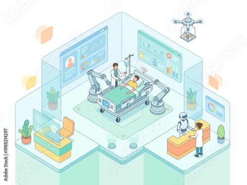 Futuristic hospital room with robotic arms, AI, and drone technology enhancing patient care and medical procedures.