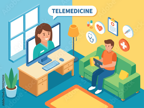 Illustration of a doctor on a computer screen consulting with a patient at home via telemedicine.