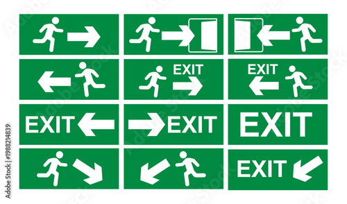 Emergency exit sign icons set, Running man escape symbols, fire exit direction arrows, safety signage collection isolated on green background
