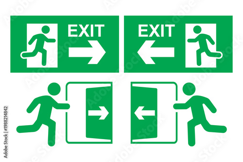 Emergency exit sign icon set with running man, direction arrows and exit text, safety evacuation symbols for buildings and public areas