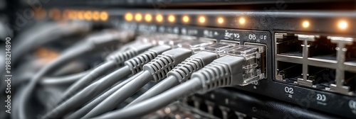 Professional Network Server Rack with Connected Ethernet Cables and Blinking Status Lights Representing Data Center Connectivity and Modern Cloud Infrastructure