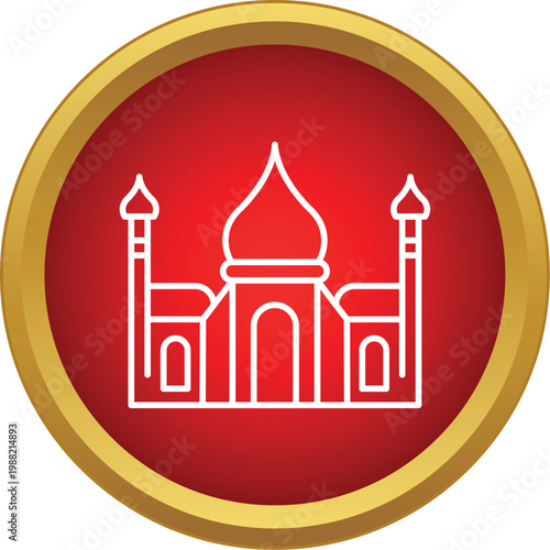 Taj mahal outline icon stylized in a red circle with a golden border