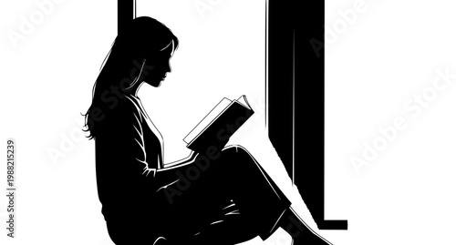Silhouette Woman Reading by the Window Vector Illustration