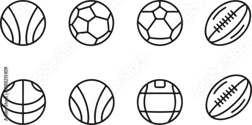 This collection of sports ball icons features a variety of clean, minimalist outline designs suitable for diverse athletic and recreational branding projects