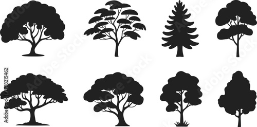 Large collection of black tree silhouettes including pine oak and maple isolated on a plain white background for digital design.