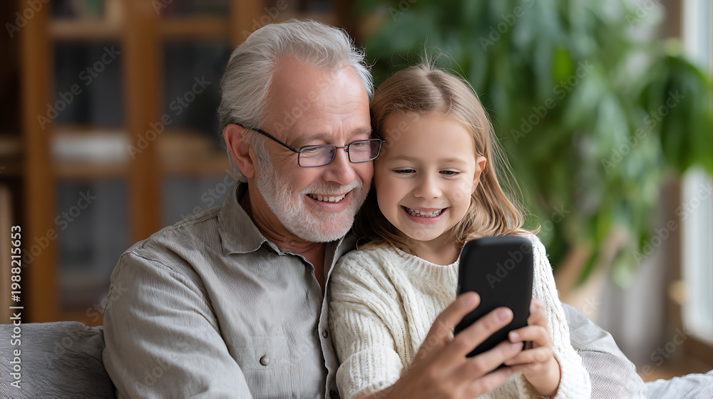 Fototapeta premium Happy grandfather and granddaughter smiling while taking a selfie together at home. Family bonding, love and intergenerational relationships concept.