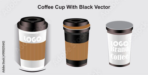 Coffee cup with black lid and cardboard sleeve isolated vector , hot beverage container for cafe and restaurant use on Gray background 