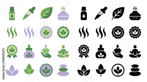 Collection of aromatherapy and wellness icons in purple and green, and black and white.