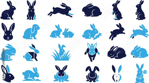 Cute rabbit and bunny icons in various poses and activities.