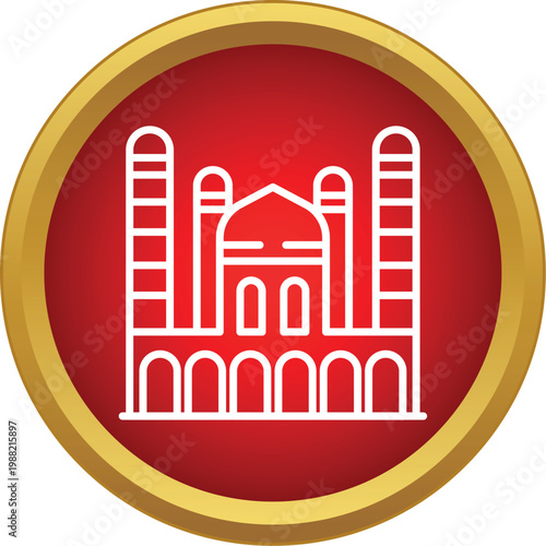 White outline of a historical indian mausoleum on a red and gold background