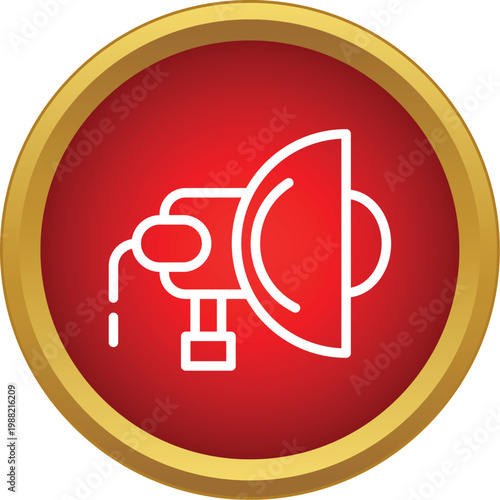 Studio flash icon with light reflector symbol on red circle with gold outline