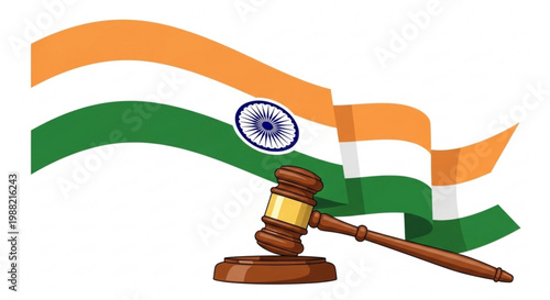 Indian flag waving with a judges gavel symbolizing justice and law in India vector illustration for legal concepts