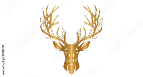 Golden Deer Head with Majestic Antlers on White Background.