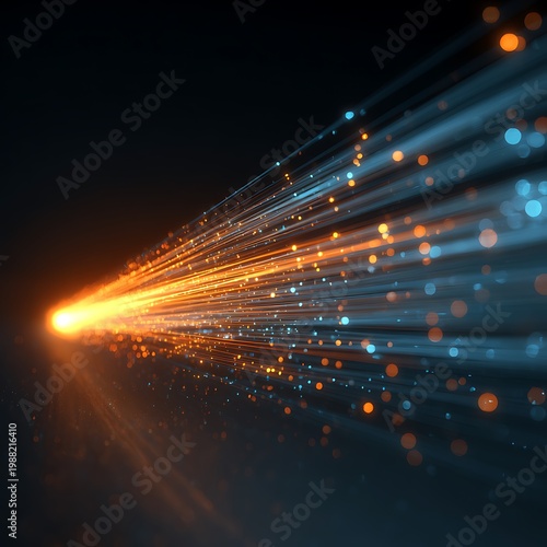 Abstract digital data transmission background with glowing orange and blue fiber optic light trails and shimmering particles representing high speed internet connectivity.