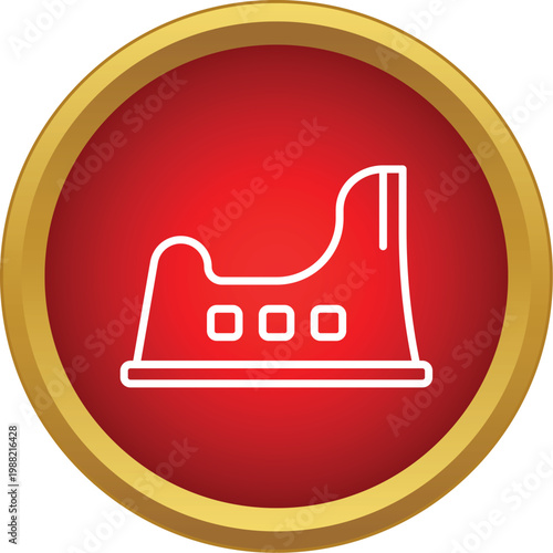 Baby potty outlined in white on a red button with gold border, symbolizing toilet training