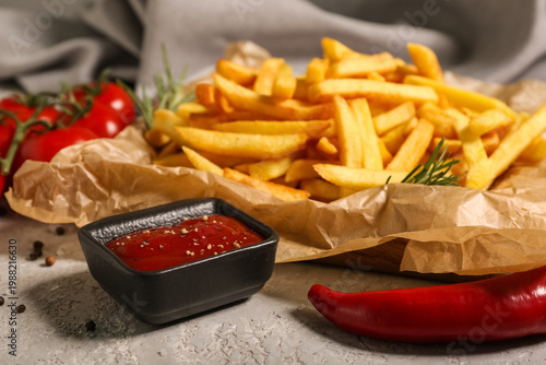 Quadro su tela Tasty french fries with rosemary, chili pepper and bowl of ketchup on grey backg