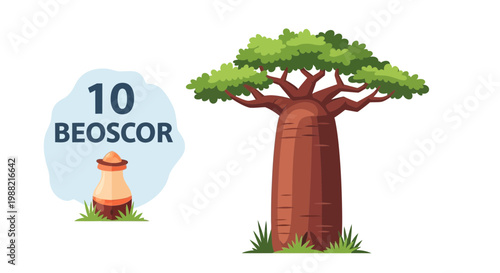 Giant Baobab Tree illustration with a small pot and number 10