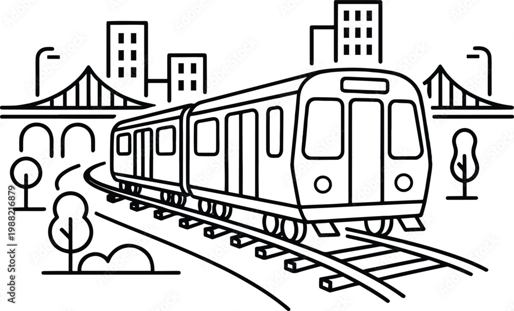 Naklejka premium Modern blue subway train traveling through urban cityscape with skyline and infrastructure illustration